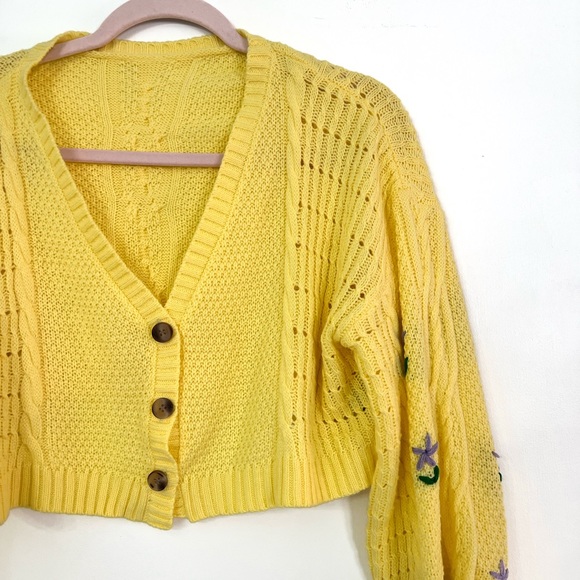 Yellow Cropped Sweater | Purple Floral Embroidery - Picture 3 of 4